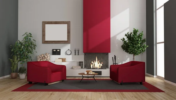 Sala de estar moderna com lareira e poltronas — Fotografia de Stock
