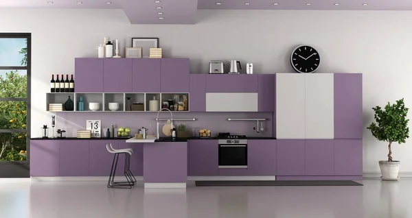 Moderní fialová a bílá moderní kuchyně — Stock fotografie
