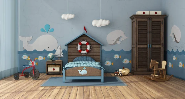 Habitación infantil de estilo retro en estilo marino con juguetes — Foto de Stock