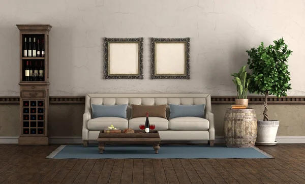 Salon w stylu retro z sofą i szafą na wino — Zdjęcie stockowe