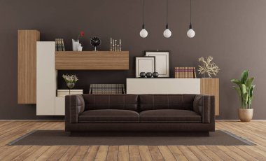 Kahverengi kanepesi ve kitaplığı olan modern oturma odası.