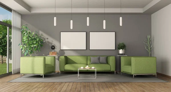 Yeşil mobilyalı modern oturma odası — Stok fotoğraf