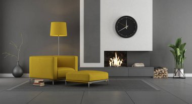 Gri ve sarı şömineli modern oturma odası