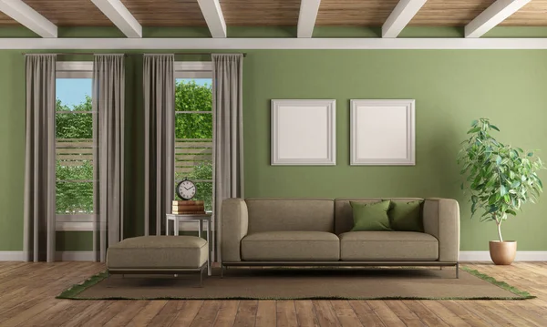 Sala de estar verde con sofá moderno y taburete — Foto de Stock