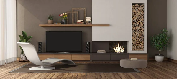 Moderno salón con chimenea y televisor — Foto de Stock