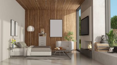 Şömineli beyaz ve ahşap minimalist ana yatak odası