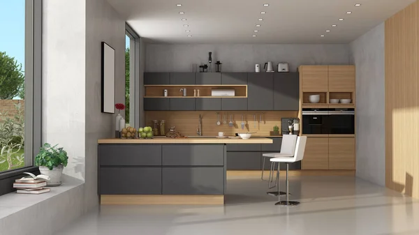 Modern siyah ve tahta mutfak. — Stok fotoğraf