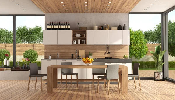 Біла і дерев'яна сучасна кухня — стокове фото
