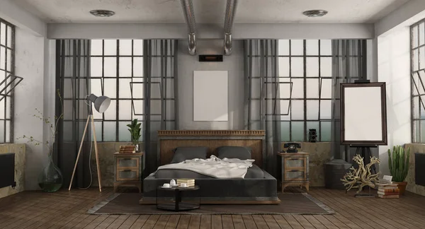 Główna sypialnia z podwójnym łóżkiem na poddaszu — Zdjęcie stockowe