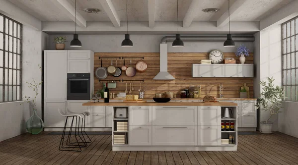 Bucătărie retro albă într-un mansardă — Fotografie, imagine de stoc