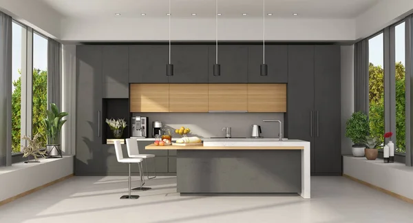 Minimalist concrete and wooden Kitchen with island — 스톡 사진