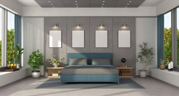 Modernes Hauptschlafzimmer mit blauem Doppelbett — Stockfoto