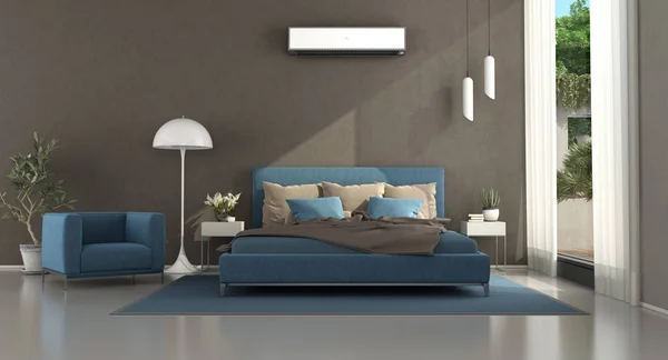 Blaues und braunes modernes Schlafzimmer — Stockfoto