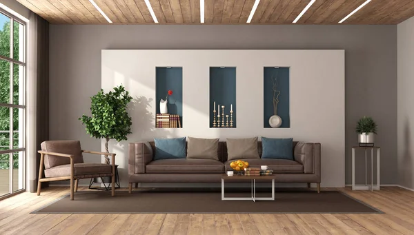 Modernt vardagsrum med lädermöbler — Stockfoto