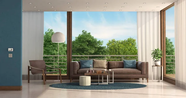 Sala de estar minimalista de uma villa moderna com mobiliário de couro — Fotografia de Stock