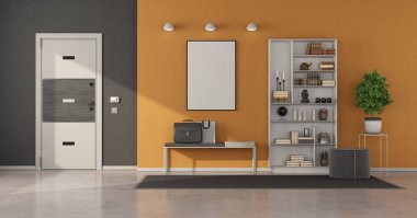 Gri ve turuncu ev girişi beyaz kapılı ve modern mobilyalı.