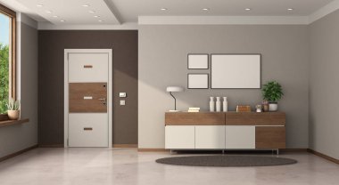 Beyaz kapısı ve büfesi olan giriş koridoru