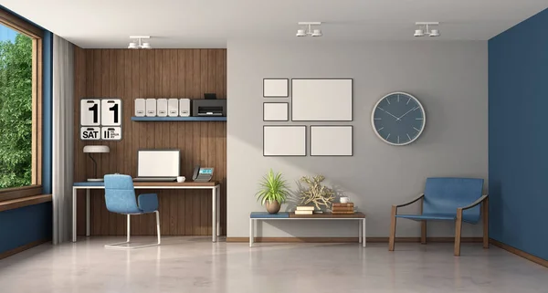 Arbeta hemma i ett stort rum med skrivbord och fåtölj — Stockfoto