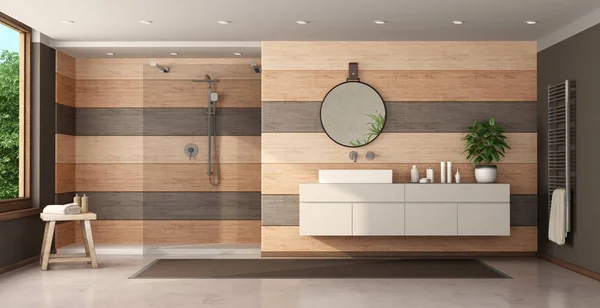 Nowoczesna drewniana łazienka z prysznicem i umywalką — Zdjęcie stockowe
