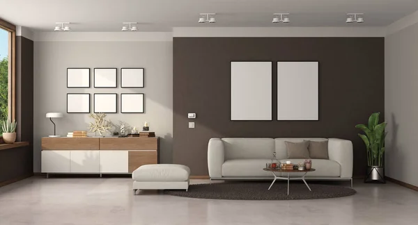 Soggiorno minimalista con divano e credenza moderni — Foto Stock