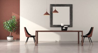 Minimalist yemek odası ahşap masa, zarif sandalyeler ve beyaz duvarda boş çerçeve - 3D görüntüleme