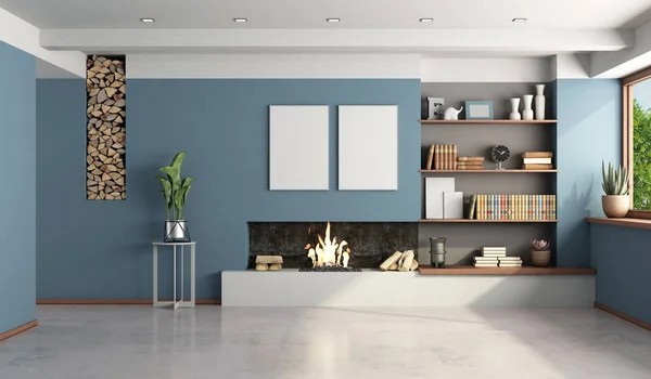 Blaues Wohnzimmer Mit Modernem Kamin Ohne Möbel Rendering — Stockfoto