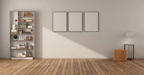 Prázdný Minimalistický Obývací Pokoj Knihovnou Tvrdá Podlaha Bílá Stěna Vykreslování — Stock fotografie