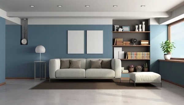 Blaues Wohnzimmer Mit Modernem Sofa Und Bücherregal Auf Hintergrund Rendering — Stockfoto