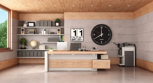 Modern Kantoor Met Betonnen Houten Lambrisering Bureau Stoel Kopieerapparaat Rendering — Stockfoto