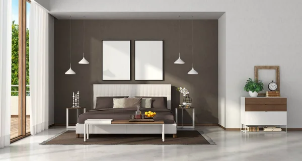 现代主卧室 有优雅的双曲 长椅和抽屉的箱子 3D渲染 — 图库照片