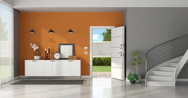 门开着的入口走廊 橙色墙壁上的餐具柜和混凝土楼梯 3D渲染 — 图库照片