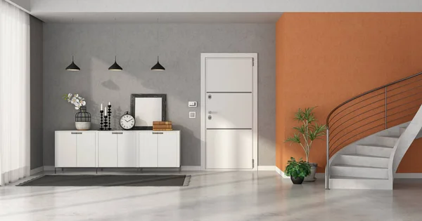 Eingangshalle Mit Weißer Haustür Sideboard Und Treppe Orangefarbener Wand Rendering — Stockfoto