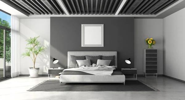 Minimalista Dormitorio Principal Moderno Blanco Negro Con Techo Madera Rejillas —  Fotos de Stock