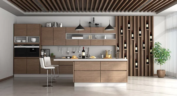 Modern kitchem with island, wooden beams and ventilation grilles - 3d rendering — Stock Image Modern Kitchem Island Wooden Beams Ventilation Grilles Rendering Stock Image