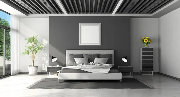 Minimalist black and white modern master bedroom with wooden ceiling and ventilation grilles - 3d rendering — Stock Image Minimalist Black White Modern Master Bedroom Wooden Ceiling Ventilation Grilles Royalty Free Stock Images