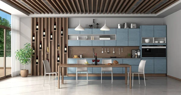 Blue and wooden kitchen with dining table ,ceiling beams and ventilation grilles - 3d rendering — Stock Image Blue Wooden Kitchen Dining Table Ceiling Beams Ventilation Grilles Rendering Stock Photo