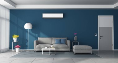 Gri mobilyaları, kapalı kapısı ve duvarında kliması olan modern mavi oturma odası.