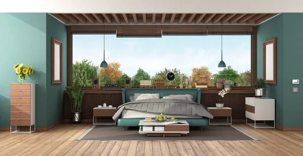 Suite Lujo Con Cama Doble Verde Techo Madera Grandes Ventanales — Foto de Stock