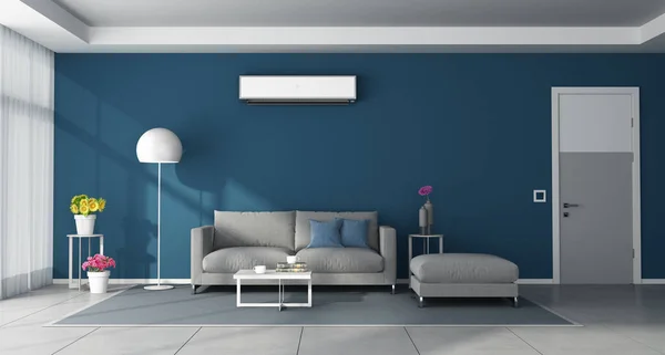 Modernes Blaues Wohnzimmer Mit Grauen Möbeln Geschlossener Tür Und Klimaanlage — Stockfoto