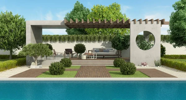 Luxury garden with concrete gazebo, outdoor furniture and large swimming pool-3d rendering