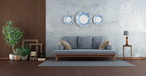 Sala Estar Retro Con Sofá Azul Contra Pared Vieja Paneles —  Fotos de Stock