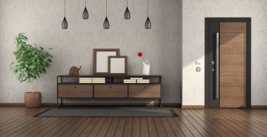 Dekor nesneleri ile kapalı kapı ve büfe minimalist ev girişi - 3D görüntüleme
