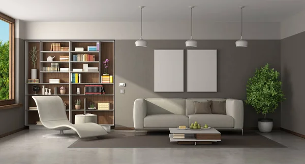 Modern Living Room Sofa Chaise Lounge Bookcase Background Rendering — стоковое фото