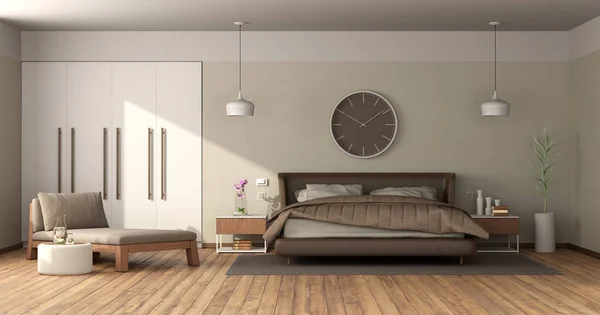 Moderno Dormitorio Principal Con Cama Matrimonio Cuero Sofá Cama Armario — Foto de Stock