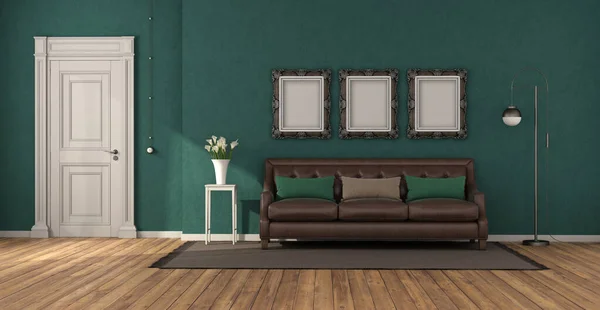 Green Classic Living Room Leather Sofa White Closed Door Rendering — Stock Photo, Image