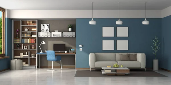 Arbeiten Sie Hause Einem Großen Wohnzimmer Mit Schreibtisch Bürostuhl Bücherregal — Stockfoto