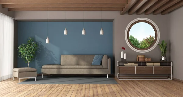 Blaues Und Modernes Wohnzimmer Mit Rundfenster Sofa Fußhocker Und Sideboard — Stockfoto