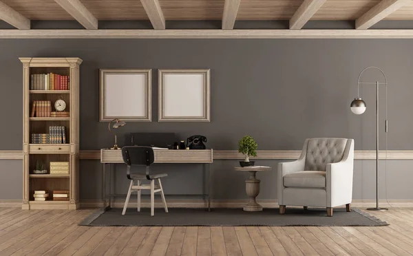 经典风格的客厅 木制书架 书桌和扶手椅 3D渲染 — 图库照片