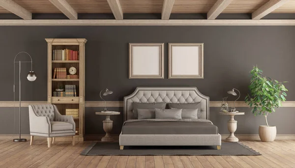 Classic Style Master Bedroom Elegant Double Bed Bookcase Aemchaie Rendering — стоковое фото