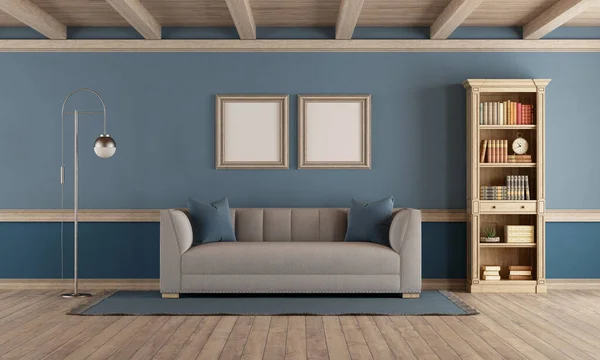 Zarif Kanepesi Kitaplığı Mavi Duvarı Olan Klasik Tarz Oturma Odası — Stok fotoğraf